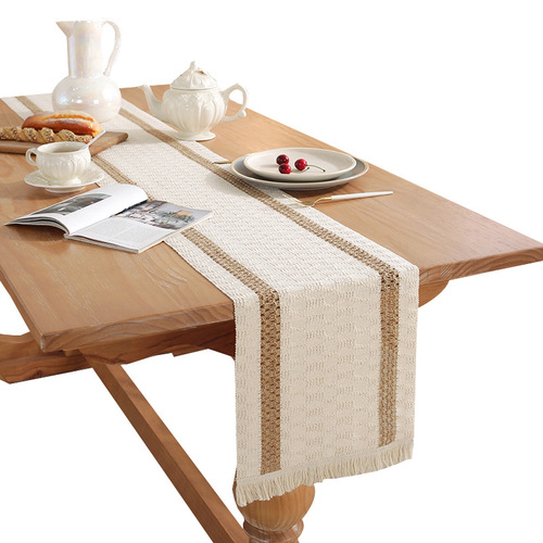 Nordic minimalist light luxury cotton linen checkered fringe long tablecloth holiday tea table flag decoration