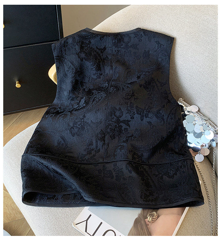Áo ghi lê nữ dáng cardigan không tay họa tiết hoa jacquard, dài áo 50–65 cm — màu đen chi tiết 4