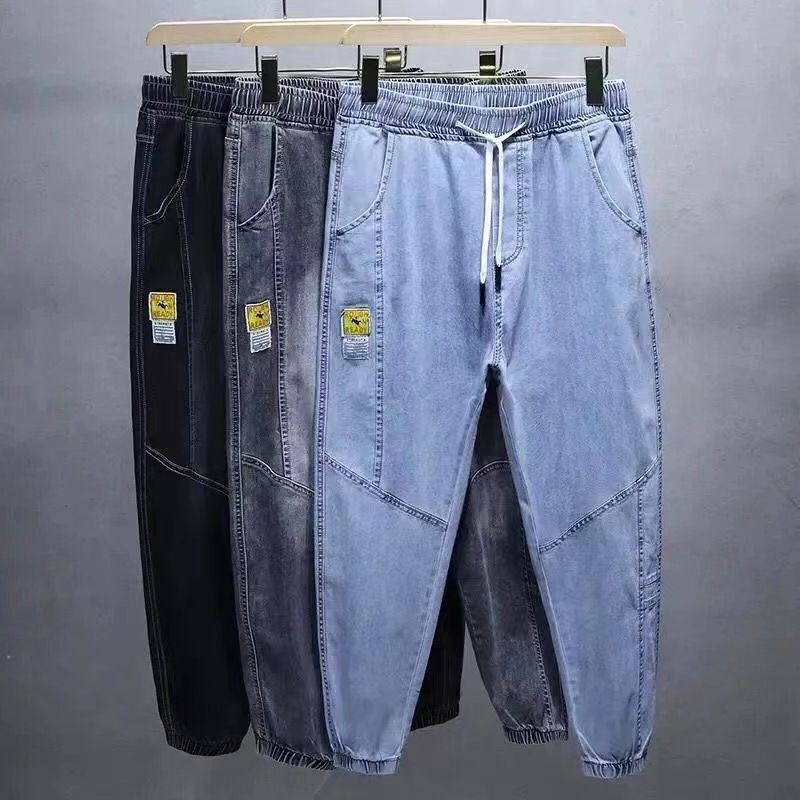 Summer Jeans Men's Tooling Fashionable Brand Loose Leg Harem Pants Korean Style Fashionable Elastic Waist Tether Ankle-length Pants