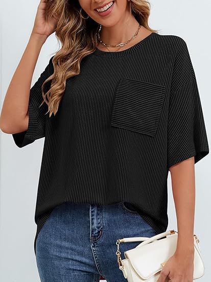 cross-border European And American Women's Summer Short-sleeve Pocket Top, Oversized Round-neck Textured Casual_ecoleips.com