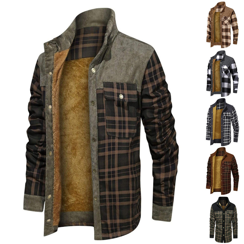 2023 Winter Amazon Men's thickened corduroy fleece-lined long-sleeved coat Plaid stitching shirt jacket warm
