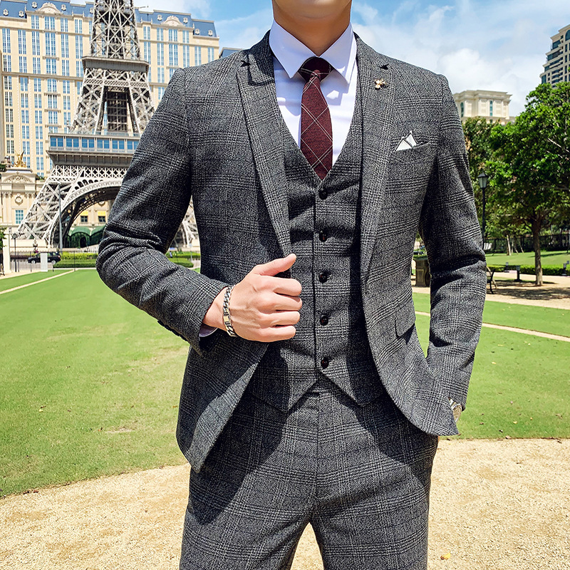 Men's Clothing Men's suit three piece trousers 2024 new plaid suit suit slim men's suit three piece suit_voghion.com