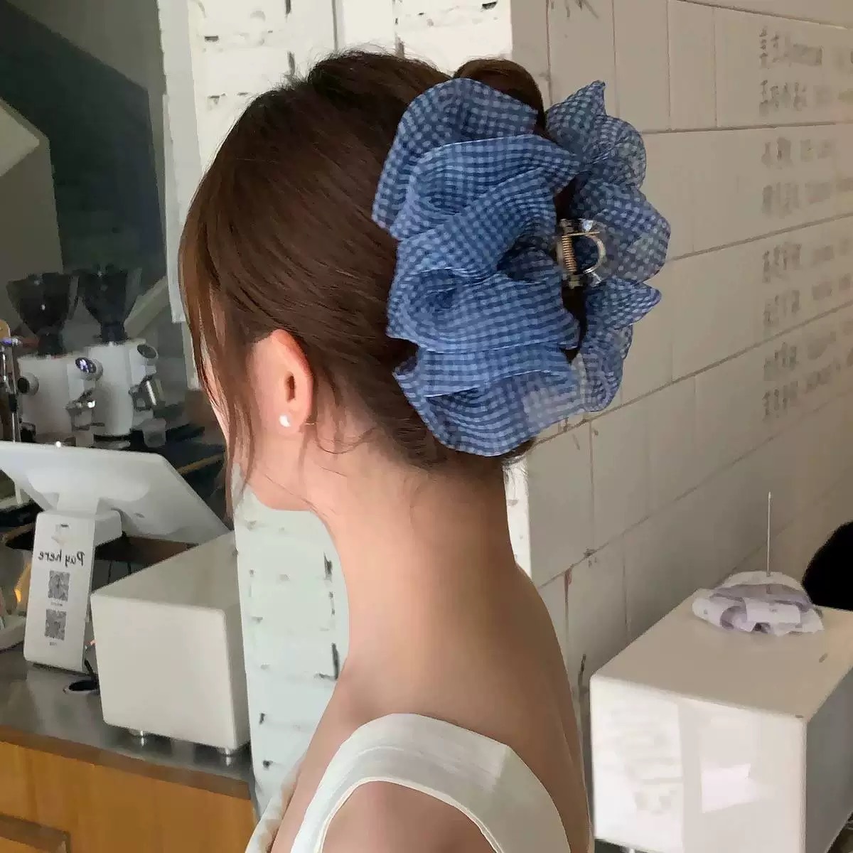 25#Dark blue plaid cloud bubble pleats about 13cm