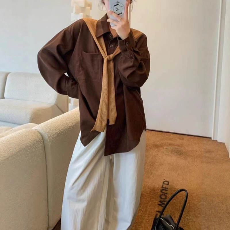 秋冬款复古灯芯绒衬衫搭配围巾厚实绒面质感软糯宽松藏肉显瘦上衣|undefined