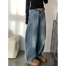 复古美式牛仔裤女2025新款胖mm梨形身材宽松高腰显瘦直筒阔腿裤子