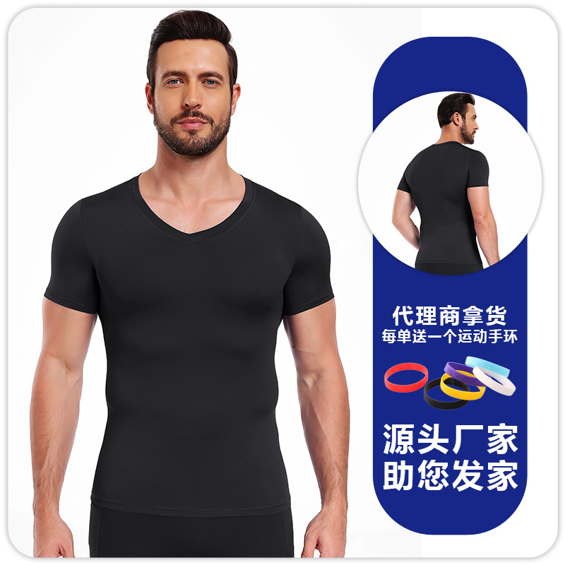 Hombres camiseta de cuello en V ajustado de color sólido de alto elástico camiseta deportiva de base rápida secado transpirable acondicionamiento físico correr baloncesto mangas cortas