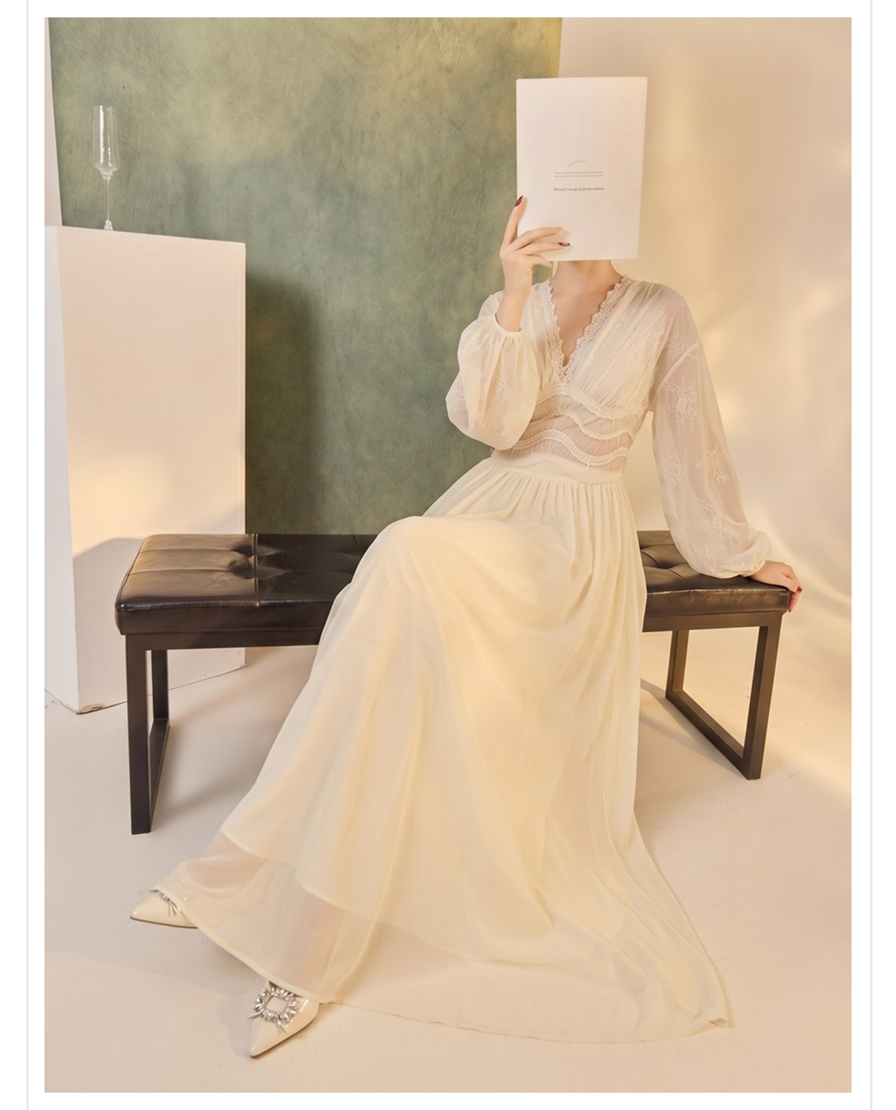 Váy maxi ren thêu lưới tay phồng lồng đèn cổ V thắt lưng dáng suông — áo, bộ đồ, nửa váy chi tiết 3