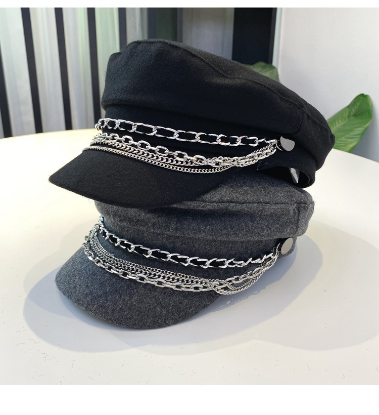 Women's Retro British Style Solid Color Chain Curved Eaves Military Hat display picture 3