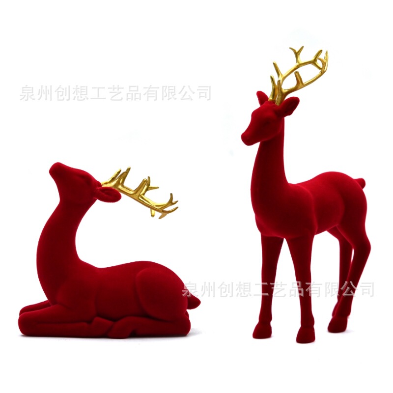 美式跨境家居红色对鹿摆件玄关酒柜电视柜树脂工艺品圣诞麋鹿装饰|undefined