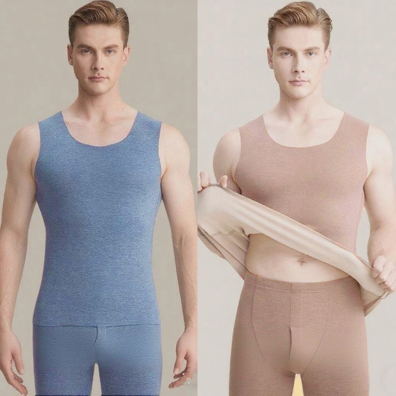 Invierno sin marcas de doble cara abrasión cálido chaleco de cuello redondo para hombres base de terciopelo más terciopelo calor antibacteriano chaqueta de otoño