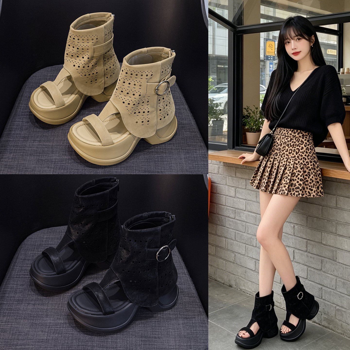 Boot cổ cao nữ đế dày phong cách La Mã hở mũi — Màu caramel 5069-1, Màu đen 5069-1