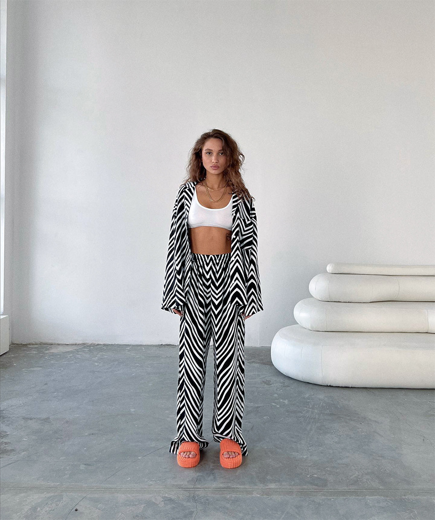 print zebra pattern trousers and long sleeve shirt two-piece set NSSQS135794