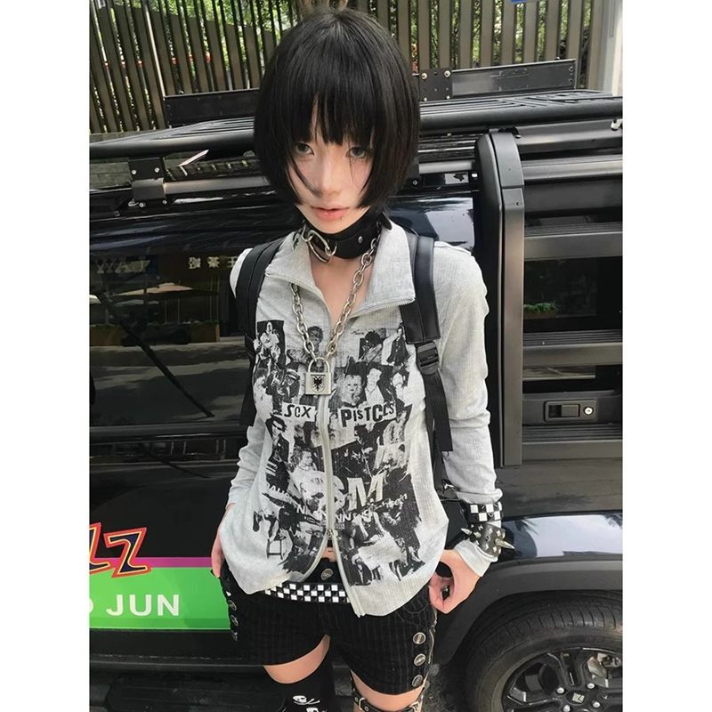 American Retro Sweater Cardigan Women's Early Autumn Punk Long-sleeved T-shirt Slim-fit vintage Subculture Zipper Top