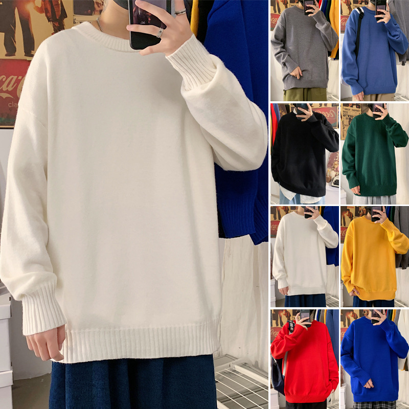 chic Hong Kong style loose solid color round neck sweater men's Korean style trendy couple knitted bottoming shirt autumn and winter sweater
