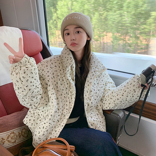 Corduroy Floral Short Cotton Outwear for Women 2025 New Stand-Up Collar Bread Outwear Korean Fashion Versatile Thick Cotton Jacket