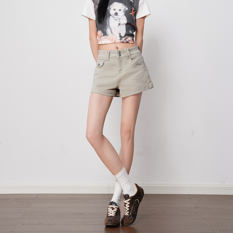 Gray High-Waisted Double-Button Stretch Denim Shorts for Women 2026 Spring/Summer New Style Butt-Lifting Slimming Versatile Solid Color Three-Quarter Shorts