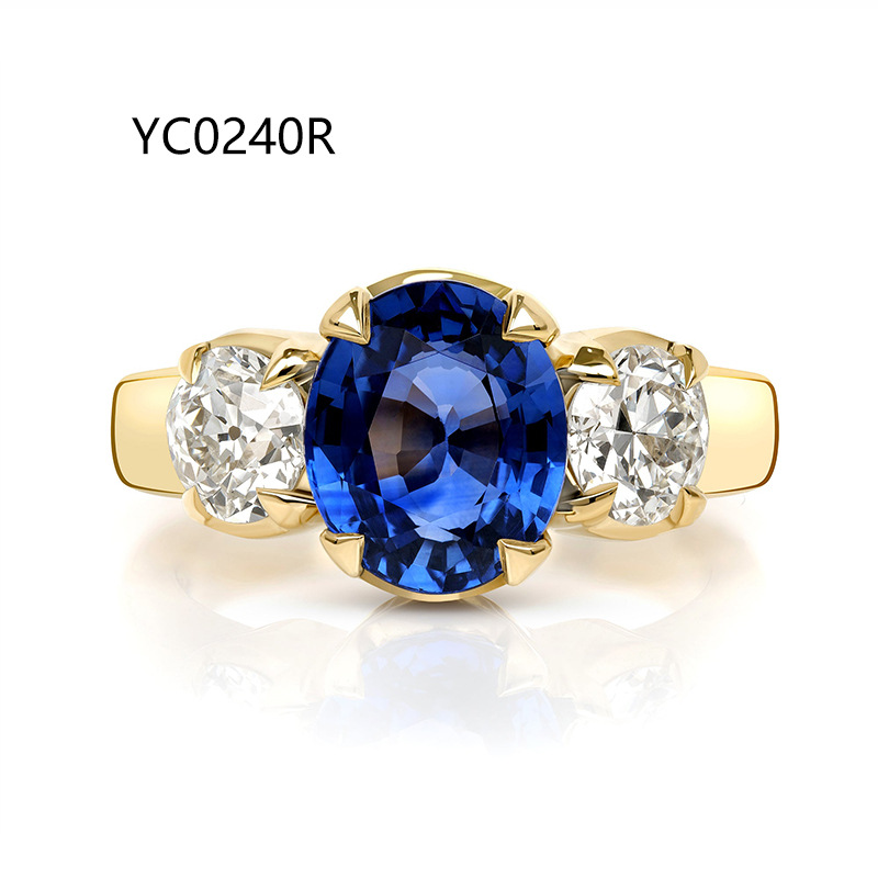 Cross-Border High-End Large Carat Lab-Grown Sapphire Ring, S925 Sterling Silver Plated with 18K Gold, Inlaid with Lab-Grown Gemstones