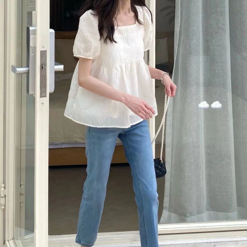 夏の新商品23方襟泡袖シャツ女性夏遮肉ゆるい半袖上着フランス筋感人形シャツ|undefined