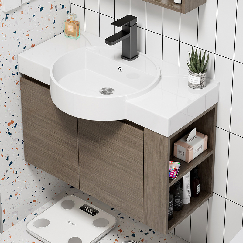 Impermeable de madera maciza pequeño apartamento lavabo baño gabinete combinación baño ultra-estrecho lavabo de cerámica integrado mesa de lavado