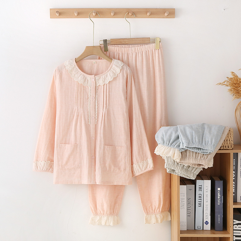 Women's Spring and Autumn Cotton Long-sleeved Home Suit Sweet Lace Crewneck Gauze Pajamas Loose Japanese Style Cardigan