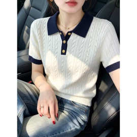 韩国东大门女装高货冰丝polo衫T恤女薄款小个子麻花针织短袖短款