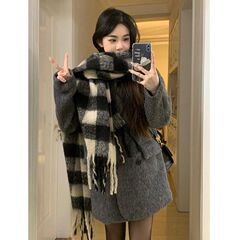 灰色西装式毛呢外套夹棉加厚呢子大衣女秋冬高级感2025新款小个子