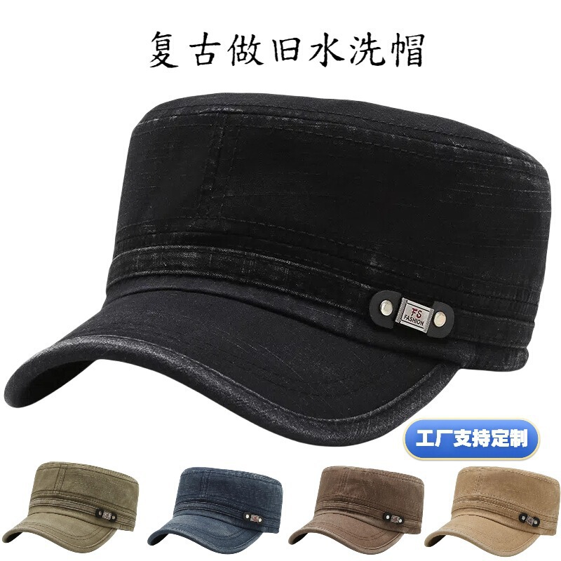 Washed Vintage Flat-Top Fashion Sun Hat, All-Season Outdoor Sun Hat, Baseball Cap for Men, Distressed Style, Cotton Washed Vintage Flat-Top Fashion Sun Hat, All-Season Outdoor Sun Hat, Baseball Cap for Men, Distressed Style, Cotton