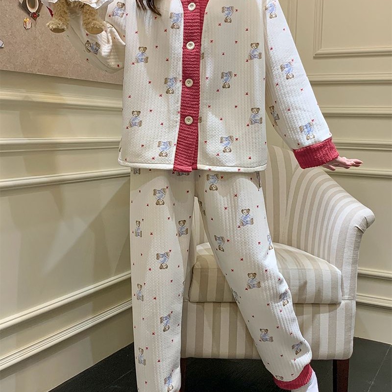 Al por mayor transfronterizo otoño y invierno nuevo pijama de mujer engrosado cardigán intercalado de aire V-cuello manga larga dulce conjunto de ropa para el hogar