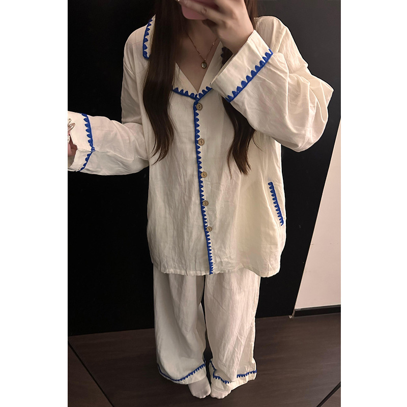 韩系撞色开衫睡衣女夏季2025新款大码温柔慵懒风家居服套装可外穿|undefined