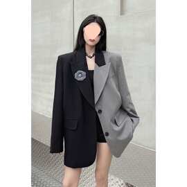 小众设计感不规则拼色西装外套女春秋新款高级气质垫肩西服上衣潮