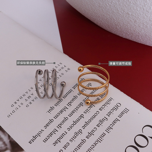French niche design double-layer spring twist steel ball ring, versatile finger circumference titanium steel 18k gold ins style jewelry