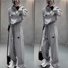 简约设计感时髦两件套2024初秋连帽宽松遮肉上衣高腰阔腿裤