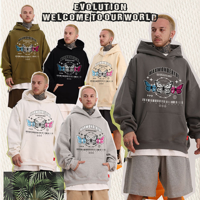 Vêtements pour hommes pull à capuche couleur lourde sweat-shirt papillon 400G velours léger plus velours style couple ample_voghion.com