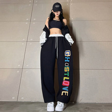 欧美嘻哈薄款字母哈伦裤女2024夏季街舞爵士舞运动裤撞色设计长裤