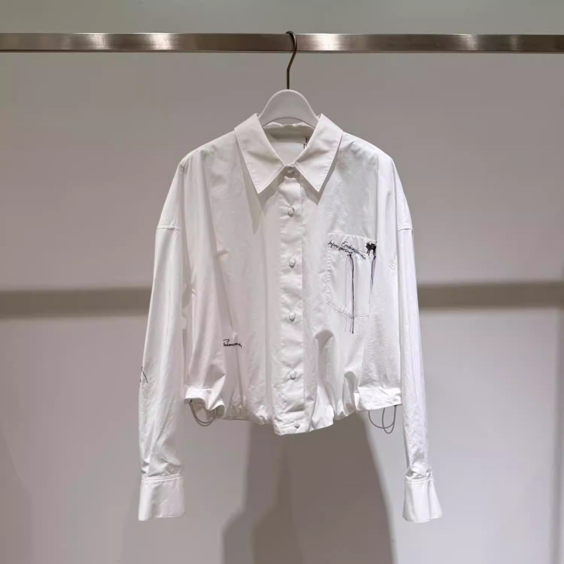 M**Meng Women's Clothing 26 Spring New White Collared Long-Sleeve Shirt with Embroidery and Drawstring Versatile Top 4H2220281
