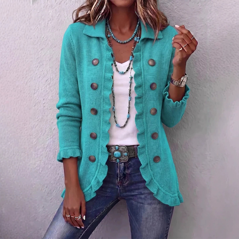 In stock 2026 European and American style independent station cross-border women's solid color fashion long-sleeve ruffled cardigan buttoned knit sweater In stock 2026 European and American style independent station cross-border women's solid color fashion long-sleeve ruffled cardigan buttoned knit sweater