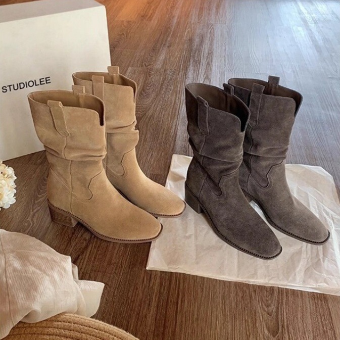 Grape Mom's Same Style, Height Increase 6cm~ Round Toe V-Cut Chunky Heel Thick Sole Slimming Large Tube Stacked Boots Genuine Leather Women's Ankle Boots
