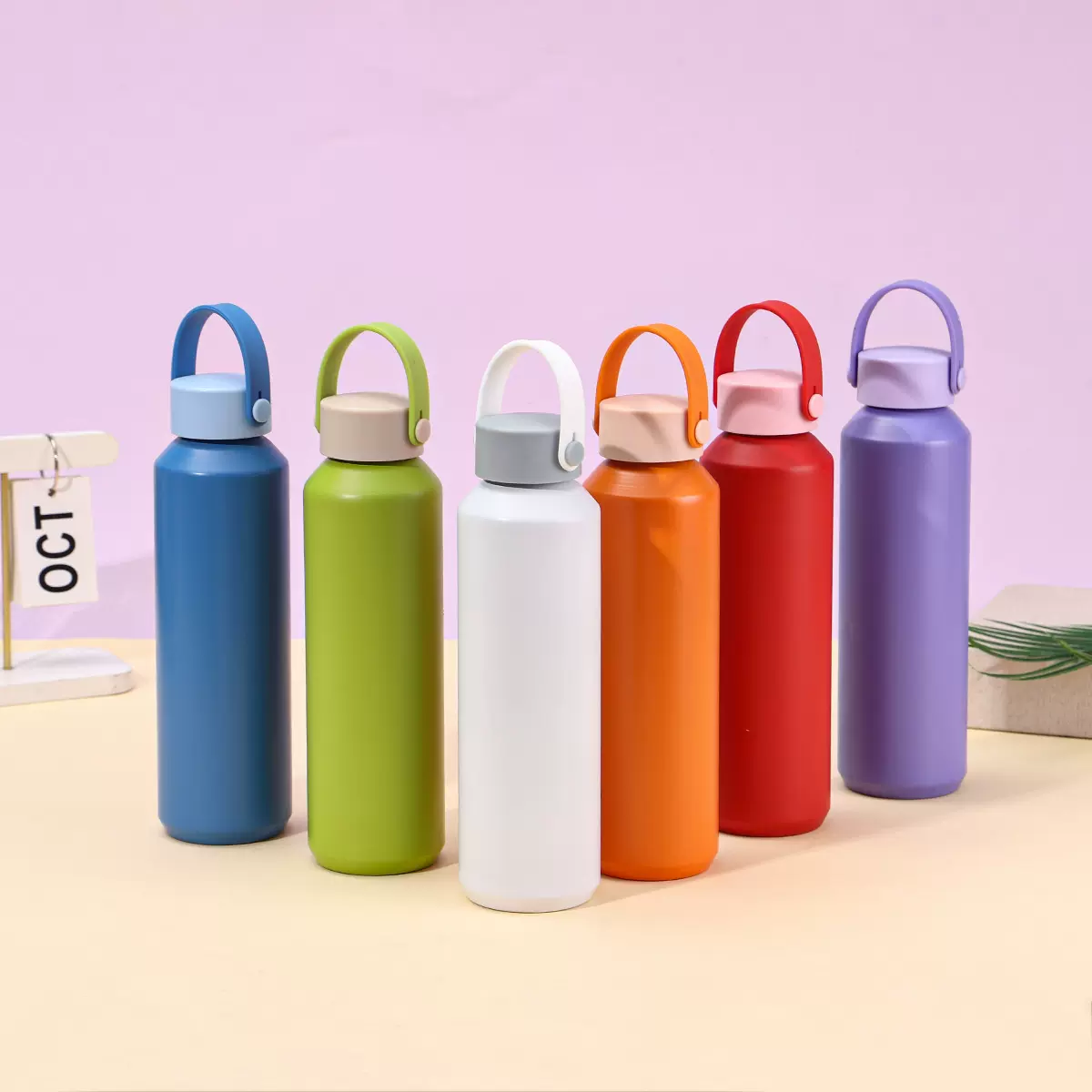 跨境新款提手盖铝杯简约纯色大容量旅行壶户外便携运动水壶