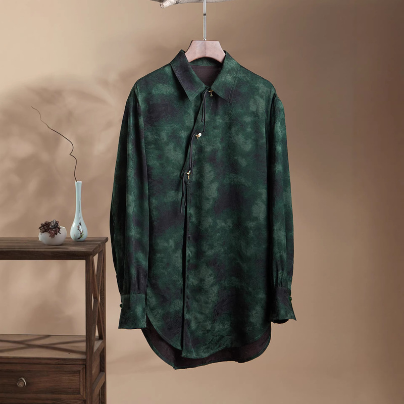 Silk New Chinese-Style Tie-Dye Shirt for Women, 2026 Spring New Model, Diagonal Collar Mulberry Silk Vintage Inner Blouse Top Silk New Chinese-Style Tie-Dye Shirt for Women, 2026 Spring New Model, Diagonal Collar Mulberry Silk Vintage Inner Blouse Top