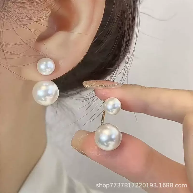 Fashionable white design earrings from pearl, double wear
