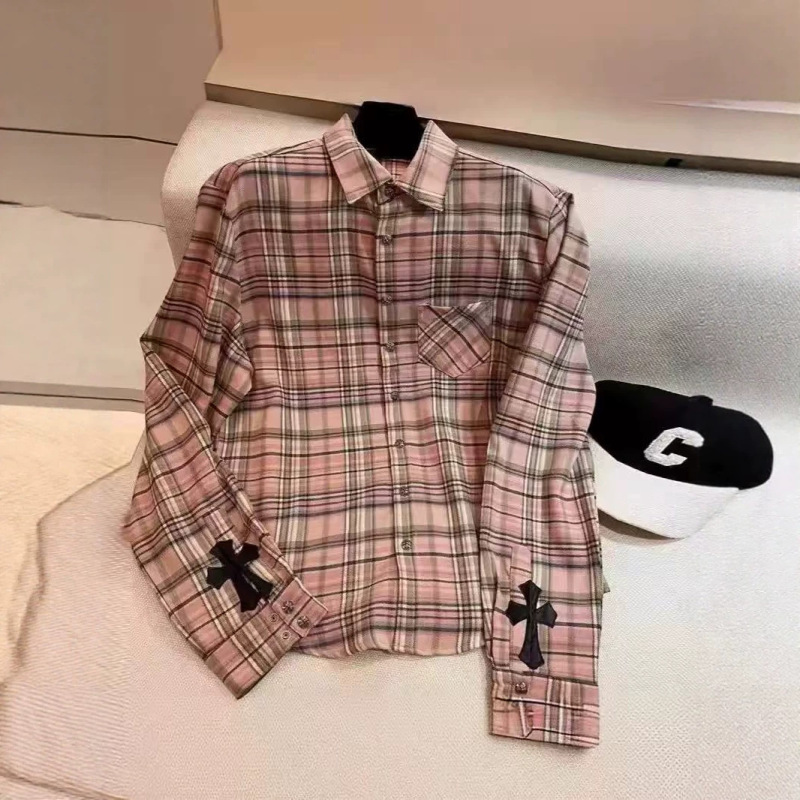 In Stock~Crowe's Pink Plaid Shirt, Unisex Style, Cross Leather Label Design, Loose Long-Sleeve Shirt