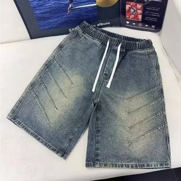 Denim shorts men's loose straight summer fifth pants youth popular new trendy men's fashionable washed Japanese straight feet