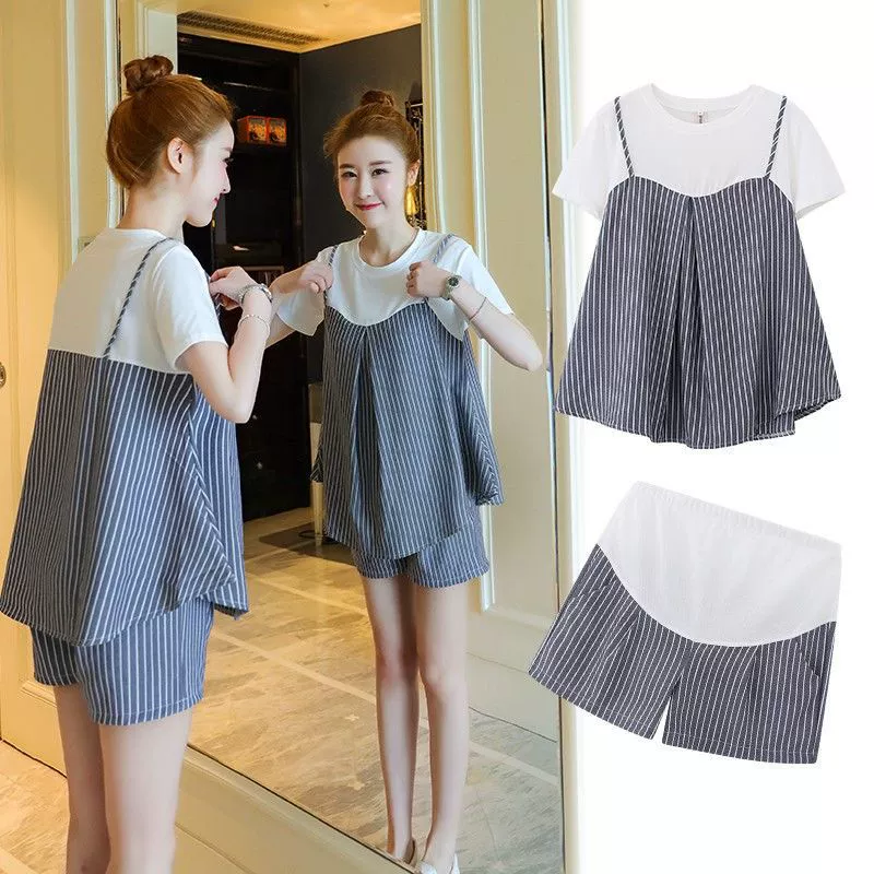 Maternity Two-Piece Set, Women's Summer T‑Shirt & Belly‑Support Shorts, Short Sleeve Loose Fit