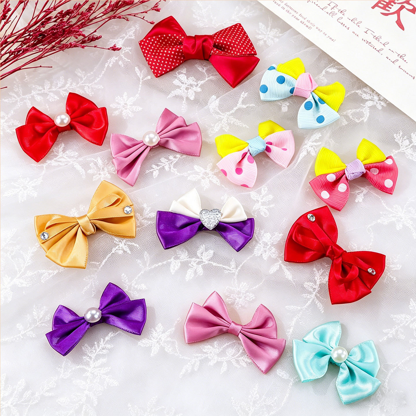 Arco de perlas hecha a mano doble cinta arco amor DIY material ropa pinzas de pelo accesorios accesorios al por mayor