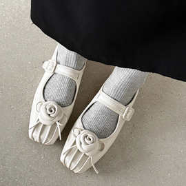 头层牛皮复古玛丽珍鞋女平跟鞋早春新品里外真皮方头花朵浅口单鞋