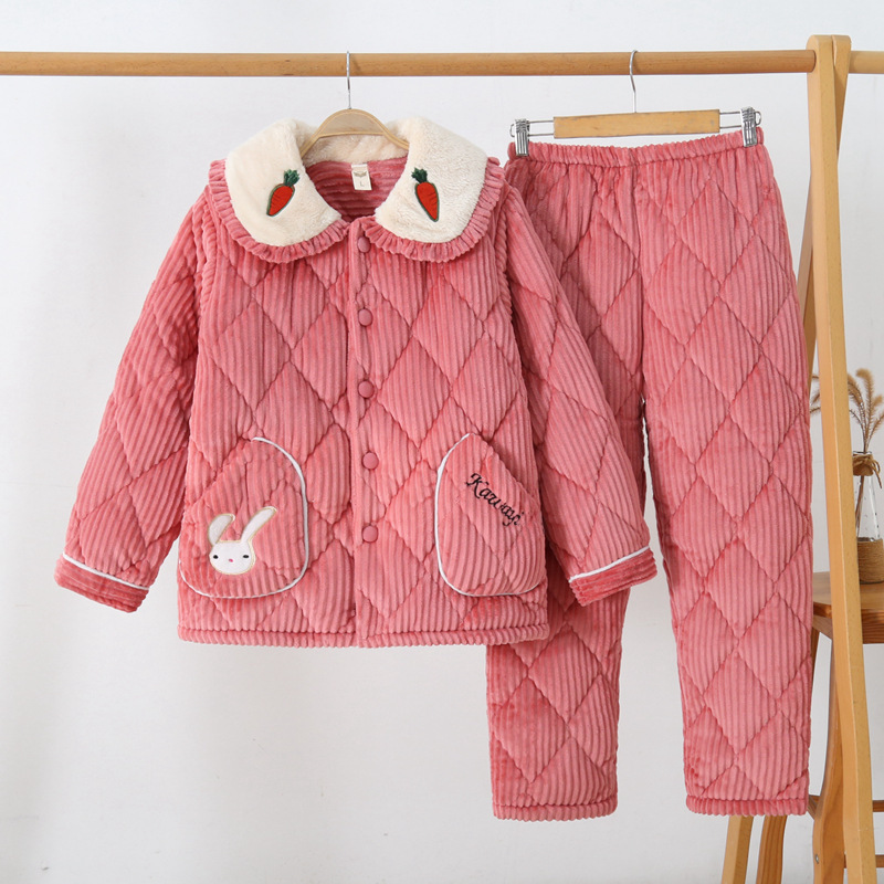 Flannel Three-layer Cotton Thickened Pajamas Women's Winter Fleece-lined Coral Fleece Cute Winter Cotton-padded Coat Home Clothes Set