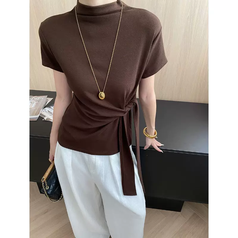 司南 时髦设计感 简约风气质半高领绑带收腰显瘦短袖T恤 SN7976