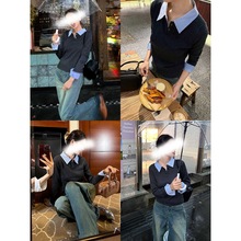 2025新款假两件知识分子风毛衣可拆领撞色针织衫春季新款上衣灰色