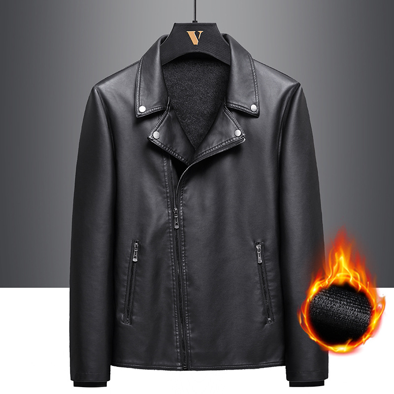 2021 plus velvet thick PU leather jacket male autumn and winter repair Korean version of black handsome locomotive lapel short coat