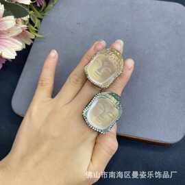 琉璃白水晶色佛头戒指 18K真金保色电镀活口可调节新中式流行首饰